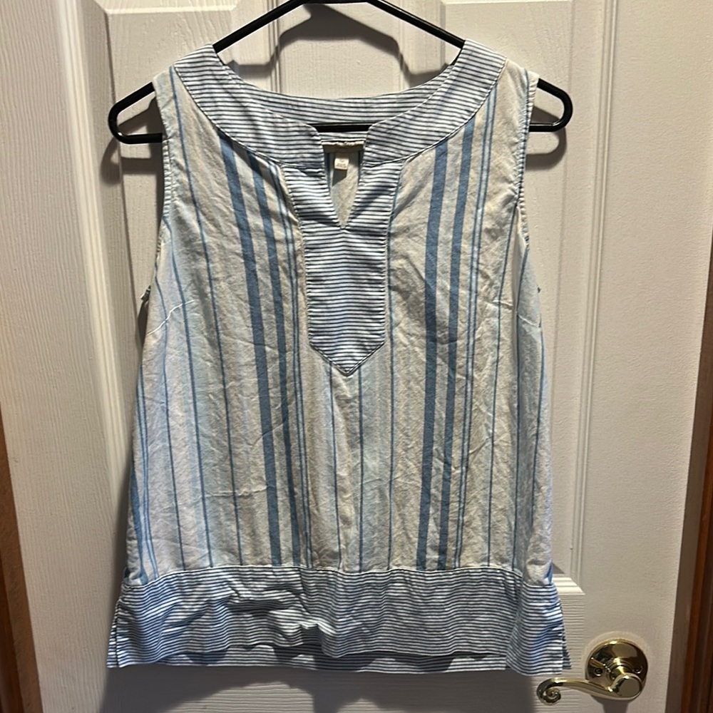 Talbots Blue and White Sleeveless Blouse with Mandarin Collar